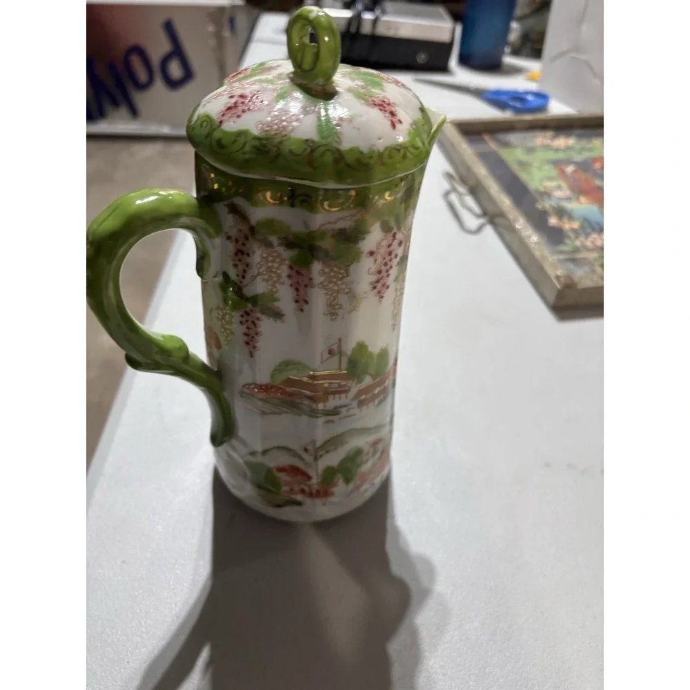 Japanese Geisha Chocolate‎ Pot Green Border Hand Painted Pitcher Teapot